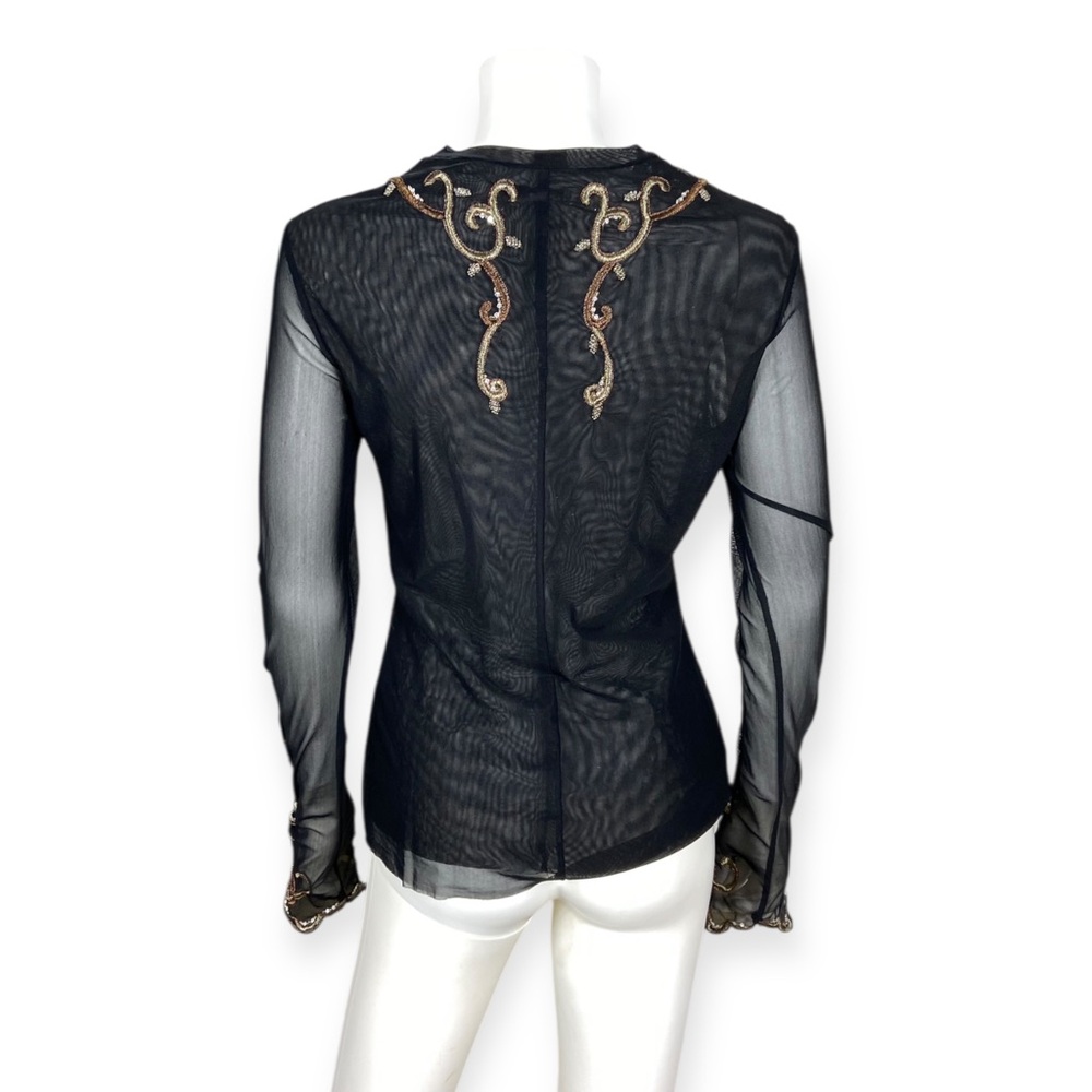 Cache Y2k Black Sheer Mesh Beaded Embroidered Top - image 5